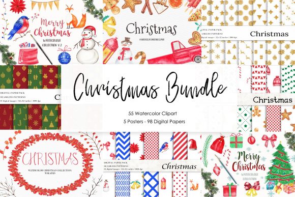 Christmas Bundle Clipart, Digital Papers and Watercolor Christmas Bundle